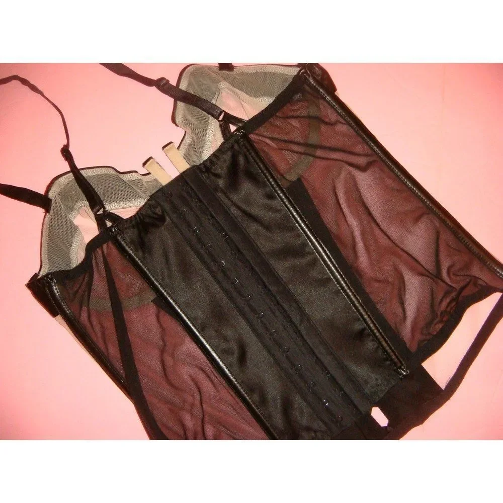 Victoria's Secret unlined 34B BRA SET+CORSET+GARTER panty NUDE Beige Black satin